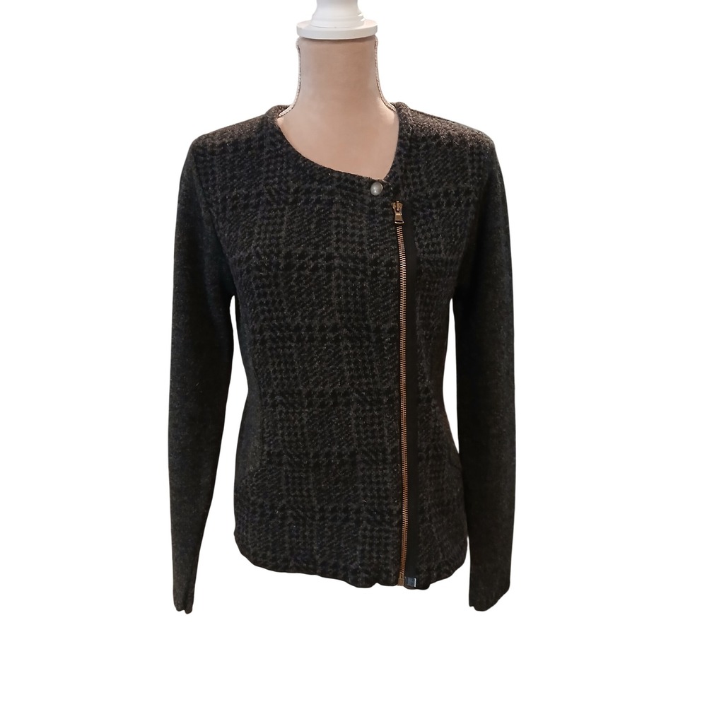 Maryline Made in Italy Wool Blend Asymmetrical Zip Houndstooth Sweater Jacket M